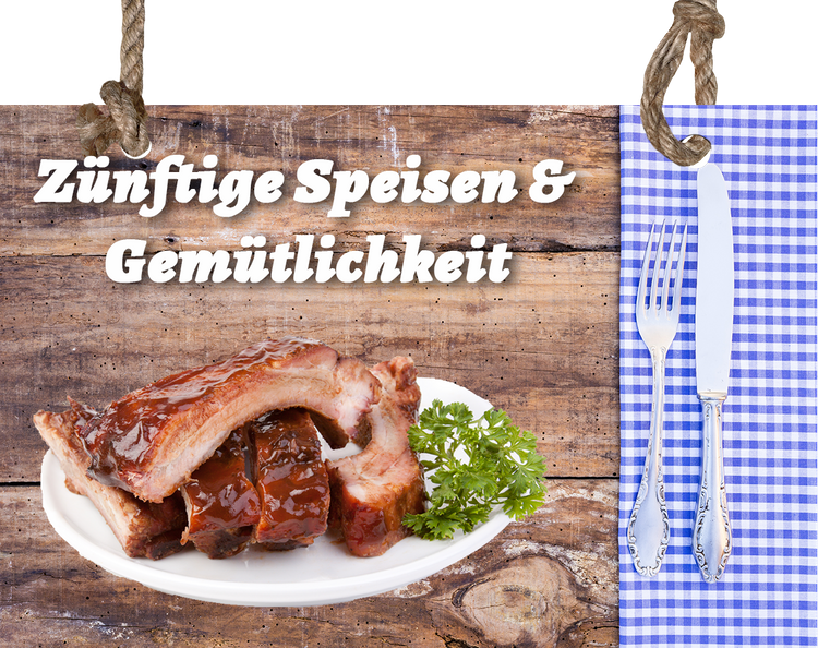 Holzbrett mit Aufschrift und Spareribs