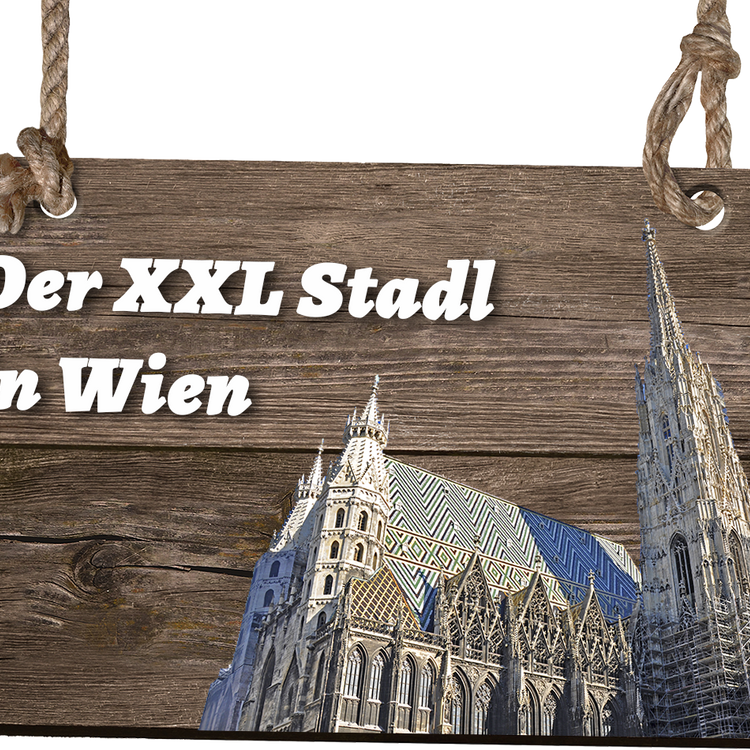 Holzschild mit Aufschrift und Stephansdom