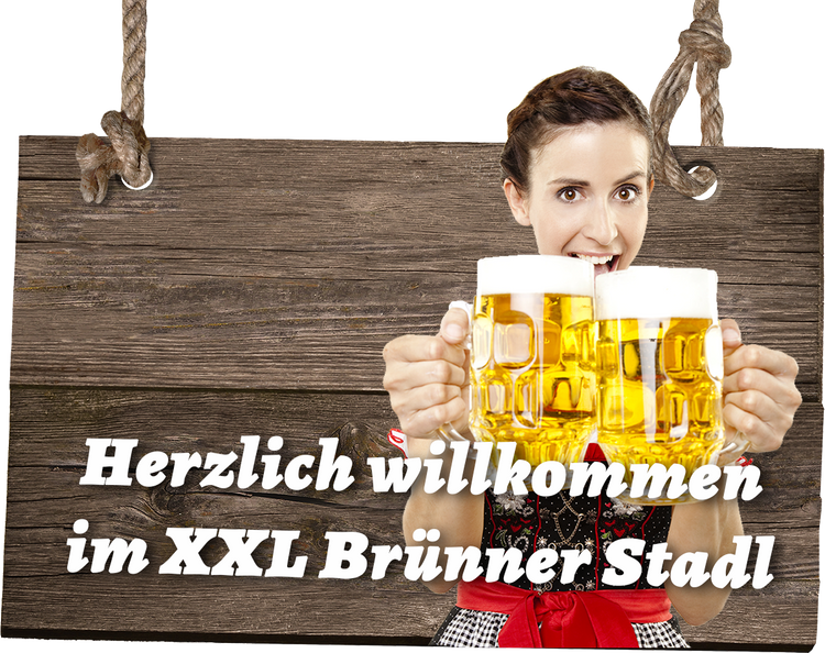 Frau im Dirndl mit Bier und Willkommens-Aufschrift